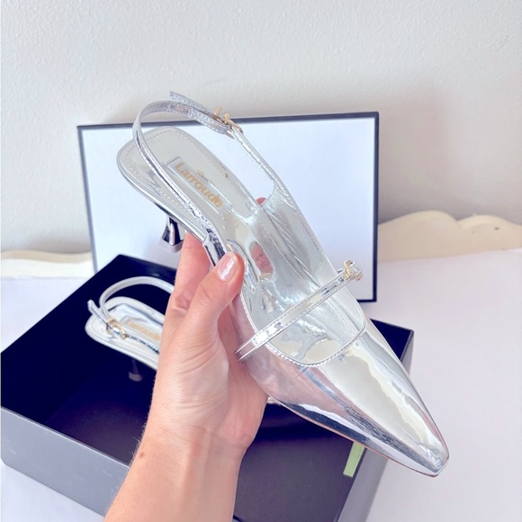 NEW Larroudé Ines Metallic Silver Specchio Slingback Pump Pointed Heels Size 7.5 - Picture 9 of 12